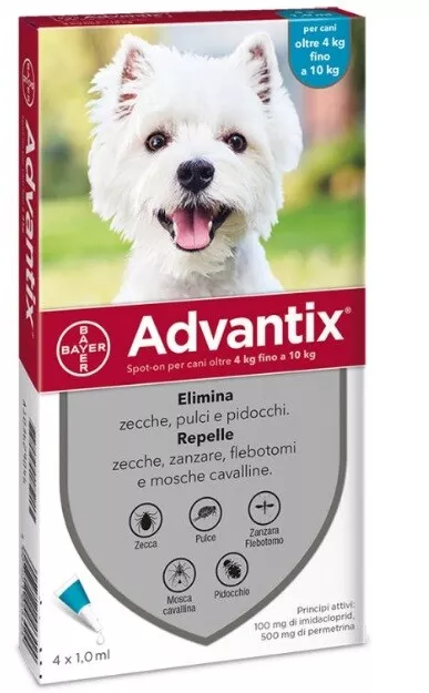 ADVANTIX BAYER SPOT-ON CANI da 4 a 10 kg SCADEN 2025 - 4 pipette DA € 20,10 CAD.