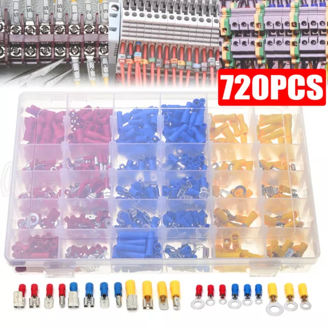 720× Assorted Insulated Electrical Wire Terminal Crimp Spade Connector Kit Box