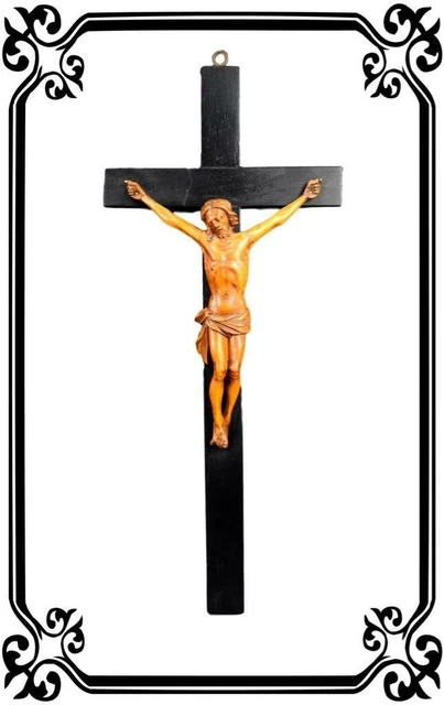 French Antique  Hand Carved Wood Wall Cross - Altar Wooden Crucifix