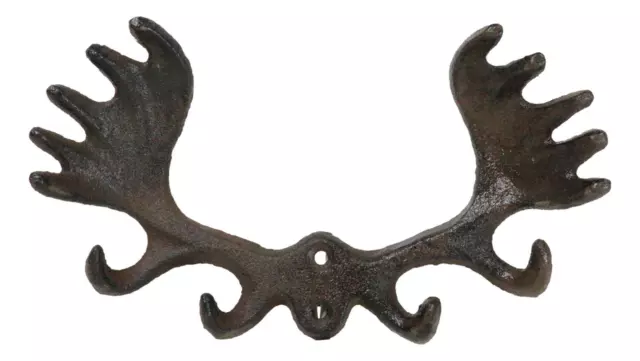 Set Of 2 Cast Iron Western Rustic Bull Moose Antlers Rack 4 Pegs Wall Hooks