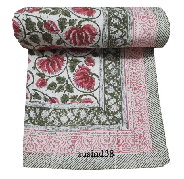 Kantha Quilt Indian Handmade Bedspread Throw Cotton Hand Block Print queen Gudri