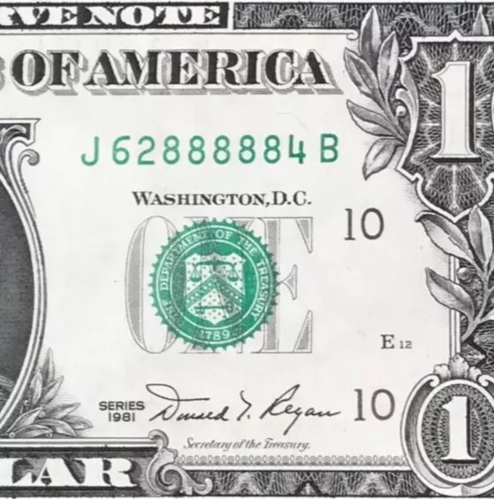 J 62888884 B : Five 8 's in a Row $1 One Dollar Bill