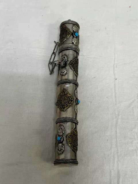 vintage collectible metal incense stick storage tube holder 9.5" tibetian