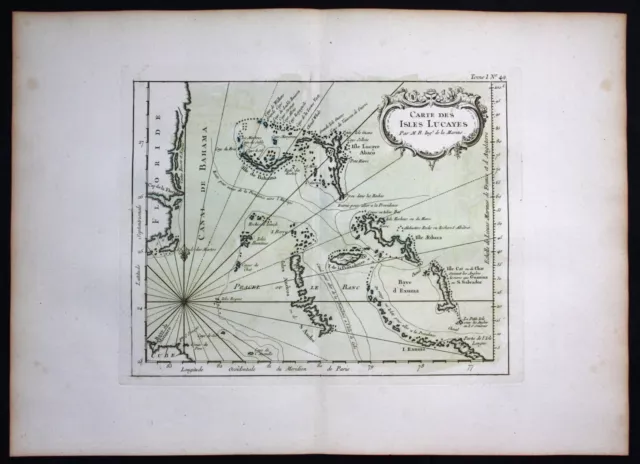 1764 - Lucayan Archipelago Bahama Bahamas Bellin handcolored antique map