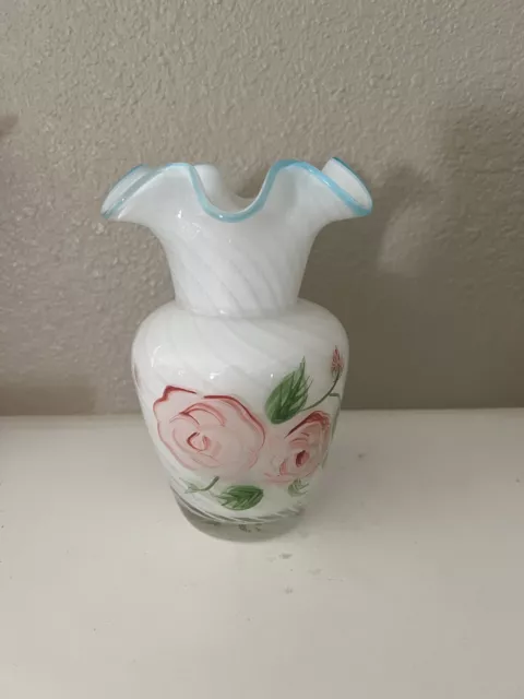 Vintage Fenton Hand Painted White Milk Glass Floral Swirl Vase Blue Ruffled Rim