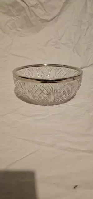 Cut Glass Fruit Bowl with silver plate rim