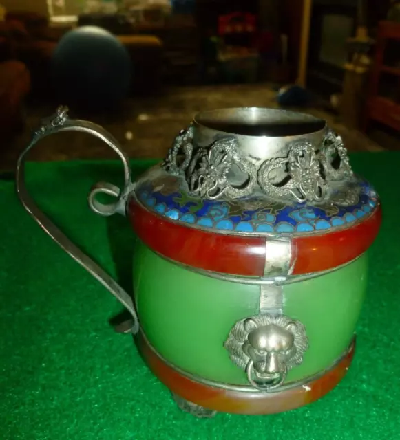 Antique TIBETAN  White metal Silver Alloy Cloisonne China Dragon Lion Frog Pot