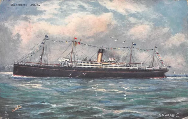 SS ARABIC AT SEA ~ WHITE STAR SHIP LINE, ARTIST IMAGE ~ used Paquebot 1908