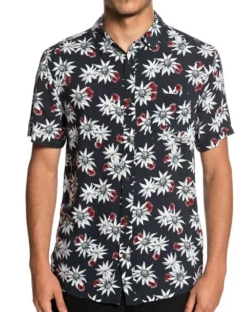 Quiksilver Men's Blue Modern Fit Floral Hawaiian Short Sleeve Button Up Shirt XL