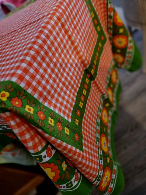 Retro Vintage  70s Tablecloth - Orange/Green Floral 5.6 FEET X 4 FEET NEW 3