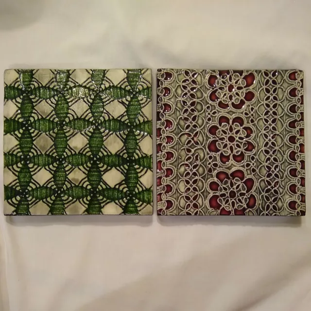 Pair Porteous 6x6" Tile Art Nouveau Art & Crafts Style Green Burgundy Wellington
