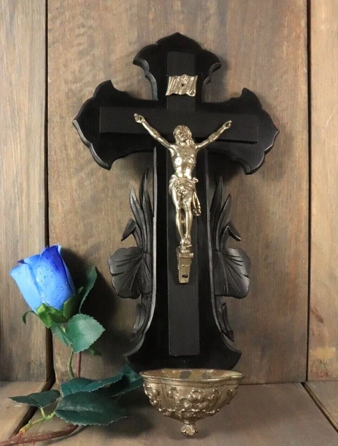 Large Antique French Holy Water Font Crucifix Black Forest Carved Wood Victorian