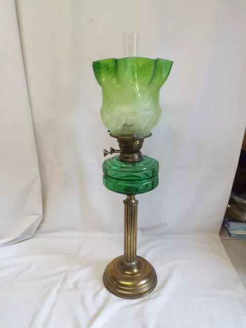 Attractive antique green font & shade  duplex burner oil lamp.