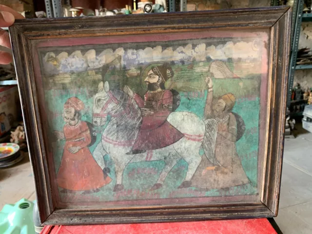 Antique Indian Hand Painted Mughal King Riding Horse Rajasthan Painting Framed 2