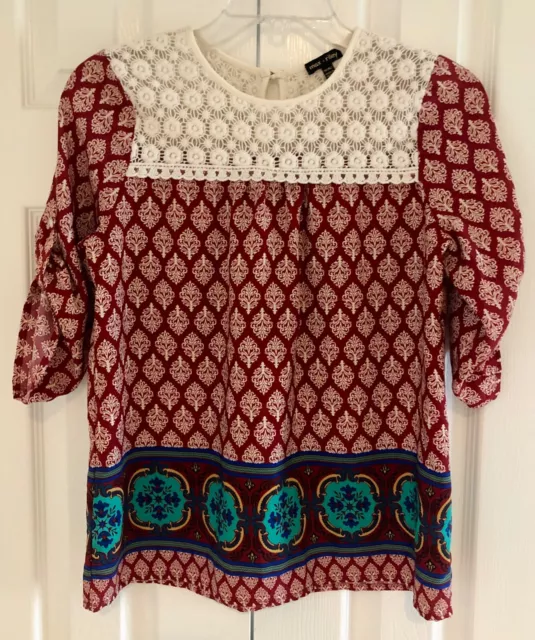 MAX & RILEY Girls Boho Red With Lace Peasant 3/4 Sleeve Top - Size XL (16)