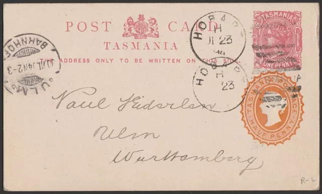 TASMANIA Postcard 1894 International Exhib QV 1d W/ ½d uprating. to Germany.