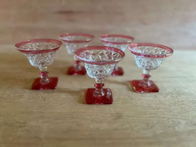 Dessert Dish Ice Cream Cup Set Vtg Art Glass Square Footed Clear Cranberry Flash