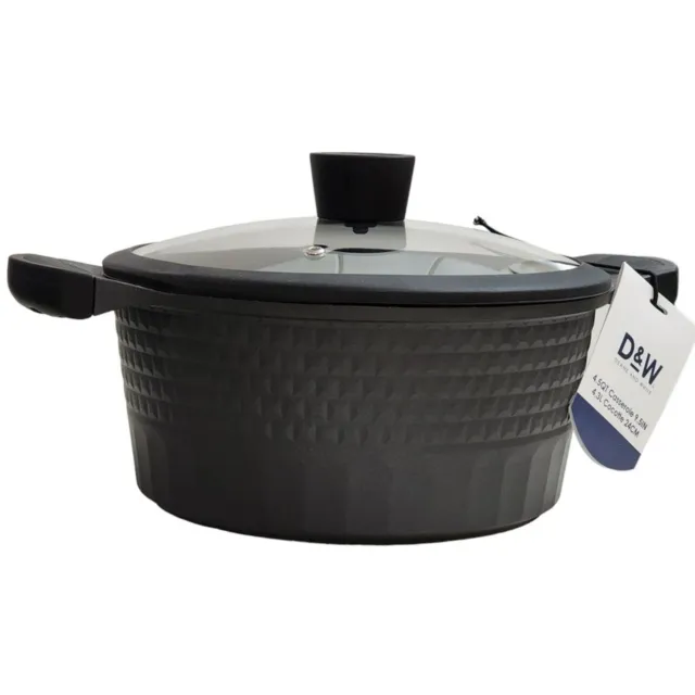 D&W Cookware 9.5in Casserole Pot Cocotte With Glass Lid Non Stick 4.5QT  Black