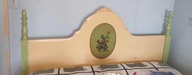 Vintage Full Bed French Country Carved Painted Floral Headboard & Footboard TLC