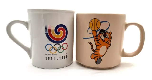 VINTAGE 1988 SEOUL KOREA OLYMPIC COFFEE MUG White/Cream HODORI TIGER Basketball