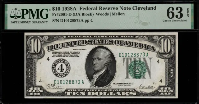 1928A $10 Federal Reserve Note Cleveland FR.2001-D - PMG 63 EPQ - Numeric #4