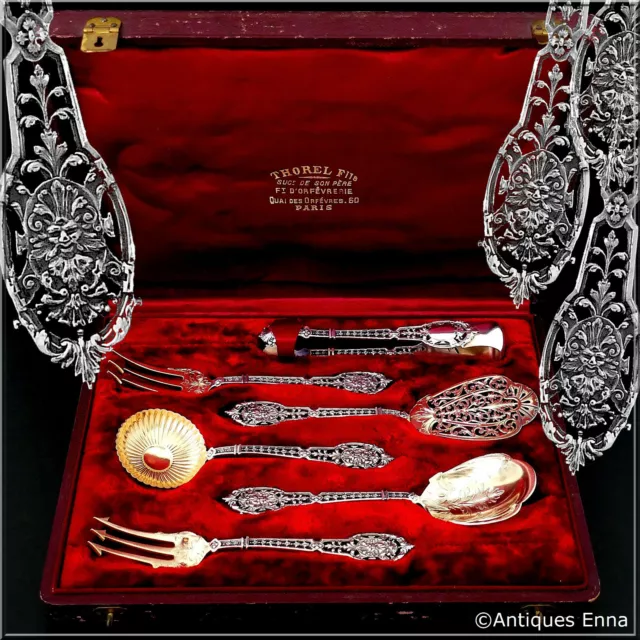 Puiforcat Masterpiece French Sterling Silver 18k Gold Dessert Set 6 Pc, Mascaron