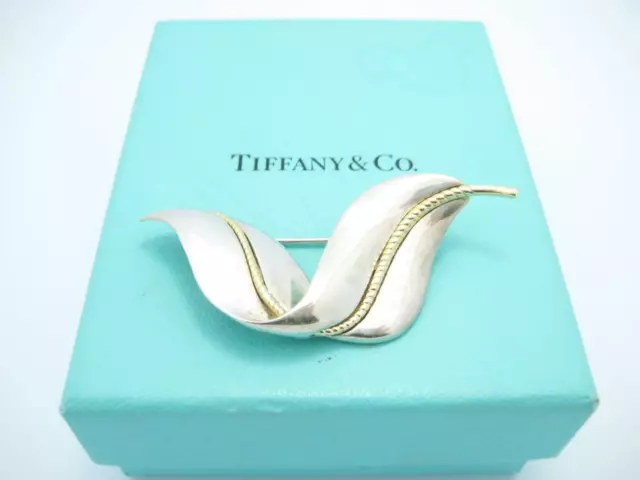 Tiffany & Co. Sterling Silver & 18K Gold Vintage Rope Swirl Leaf Pin Brooch - A