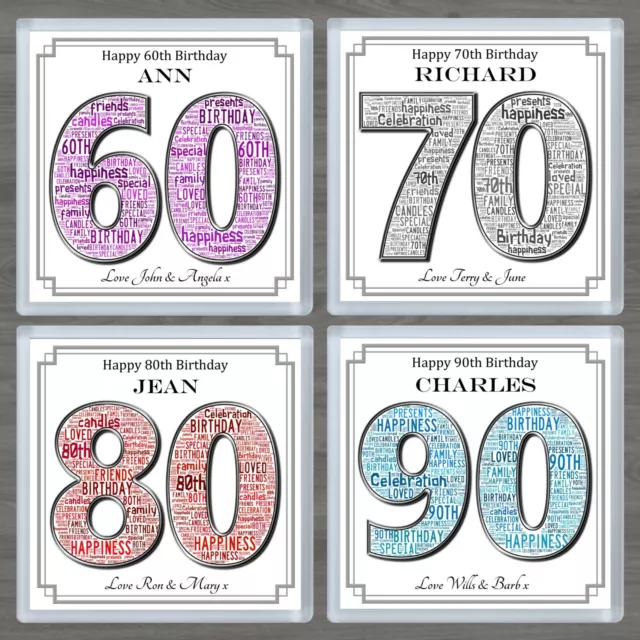 Personalised 60th 70th 80th Birthday Coaster Word Art Choice of 4 Colours Gift