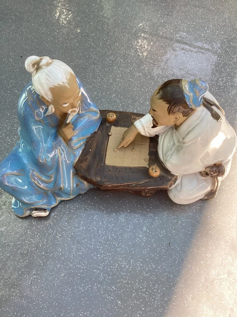 Vintage Chinese Mudman  Figure - 2 Men Playing a Board Game