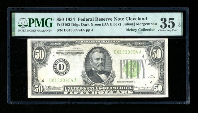DBR 1934 $50 DGS FRN Cleveland Fr. 2102-Ddgs PMG 35 EPQ Serial D01330954A