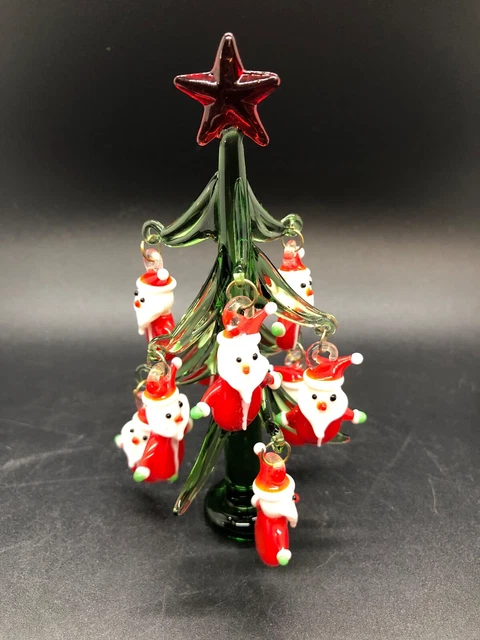 Hand blown Glass Mini Small Desktop Christmas Tree 9 Santa Ornaments Red Star
