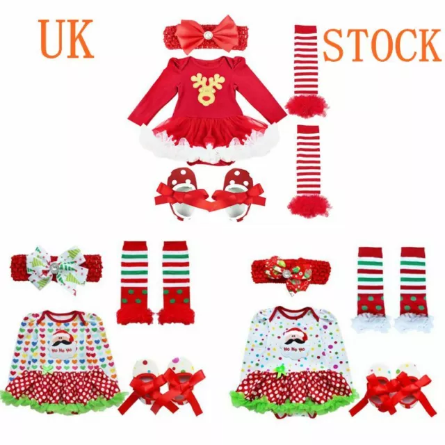 Newborn Baby Girls Christmas Romper Tutu Dress Headband Costume Outfit 0-9Months