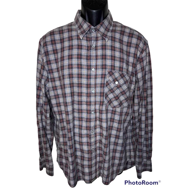 Billy Reid Standard Cut Size Large Grey Checkered Pearl Snap Flannel Shirt A15