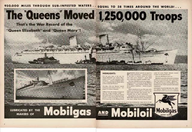 1945 Mobil Mobilgas Queen Elizabeth Mary moved 1.2M Troops WWII 2-page Print Ad