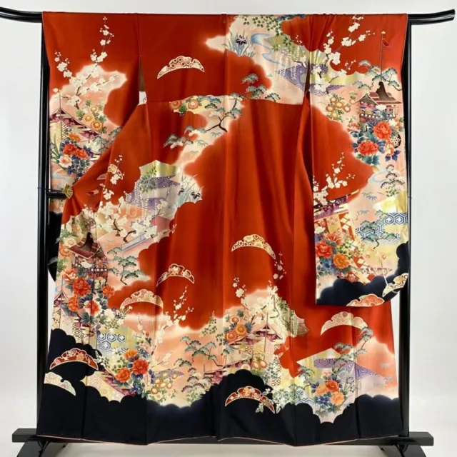 Japanese Kimono Furisode Pure Silk Flower Gold And Silver Paint Red Color