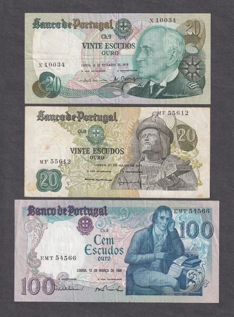 Banco De Portugal 100 20 Escudos Lisboa World Currency Banknote Lot (3) #B 🌈⭐🌈