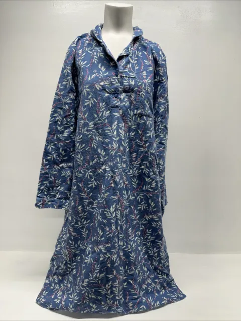 Garnet Hill Flannel Nightgown Sleepshirt Collared Button Down Floral Blue Large