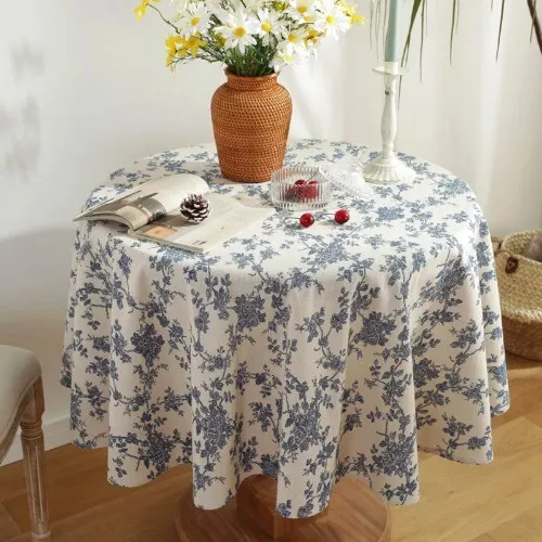 Floral Linen Cotton Tablecloth with Tassel Retro Table Cover Round Table Cloth