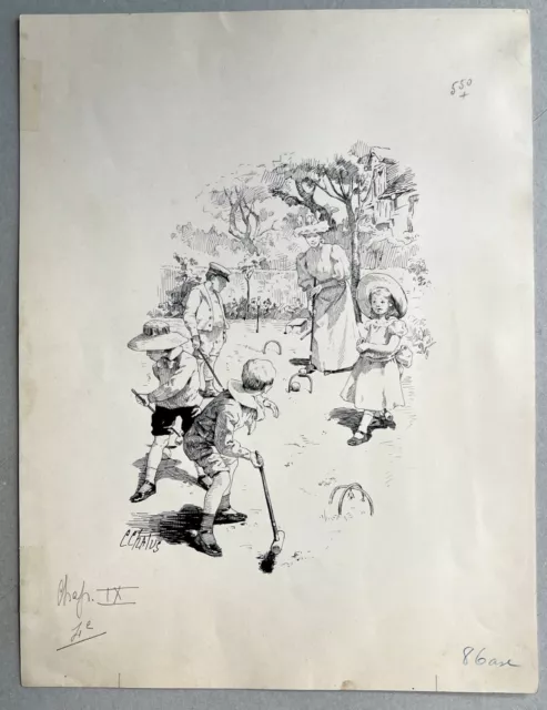 Original ink drawing Cécile CHALUS family children garden croquet set 1890