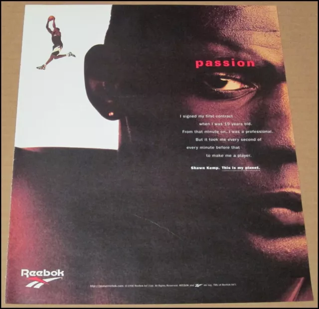 1996 Shawn Kemp Reebok Print Ad Advertisement Seattle SuperSonics Vintage