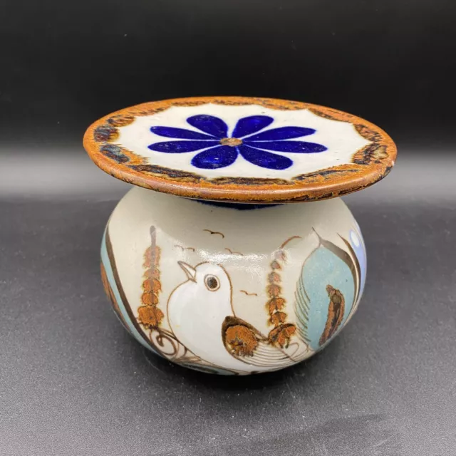 Signed KE Tonala Mexico Ken Edwards Glazed Pottery Decorative Stand With Birds