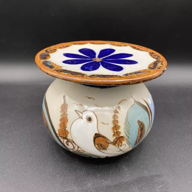 Signed KE Tonala Mexico Ken Edwards Glazed Pottery Decorative Stand With Birds Signed KE Tonala Mexico Ken Edwards Glazed Pottery Decorative Stand With Birds
