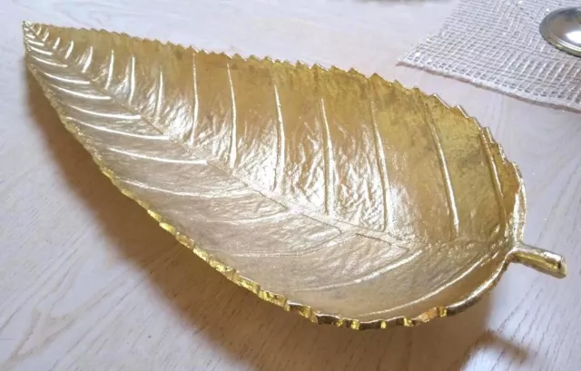 Large Metal Gold Serving Tray Plate Leaf Bowl Thanksgiving Centerpiece Platter