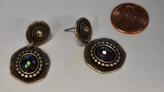 Repro Silver Tone Earrings * Southwest Style * Glass *Jet Ab Faceted Stone