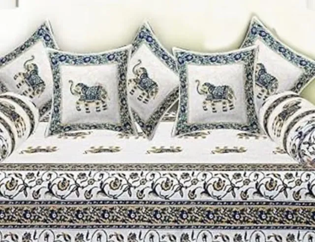 Indian Traditional Block Print Multicolor Cotton Elephant Design Diwan Set 6 Pcs
