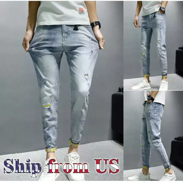 Man Casual Elastic Jeans Jogger Pants Slim Skinny Ripped Ankle Workout Trousers