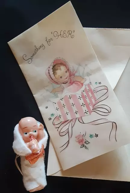 itsy bitsy 2.5" miniature Vintage Celluloid Baby doll dollhouse w greeting Card