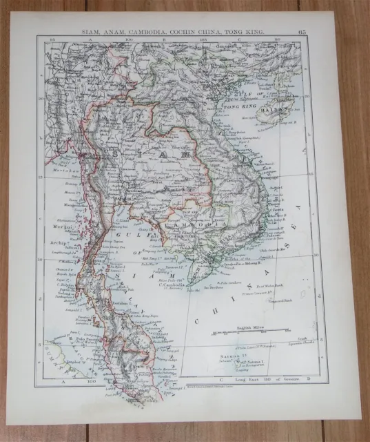 1904 Antique Map Of Siam Thailand Vietnam / Verso China Mongolia Korea Hong Kong