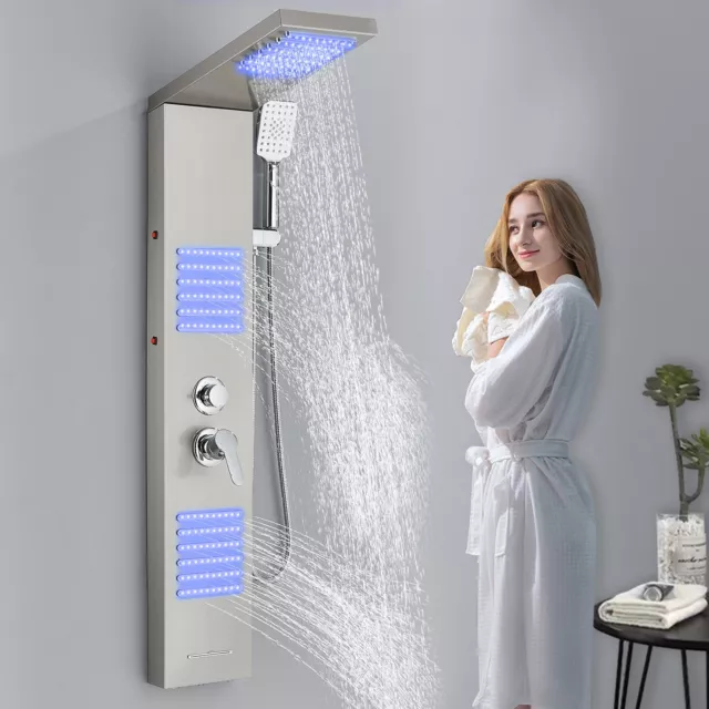 LED Shower Panel Tower System Stainless steel Rain Waterfall Massage Body Faucet