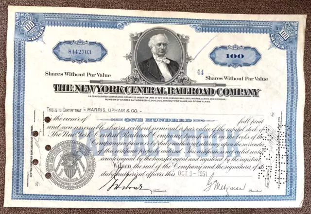 The New York Central Railroad Company Stock Certificate 100 Shares. Vintage.